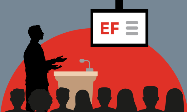 Illustration of a speaker at the SEB podium