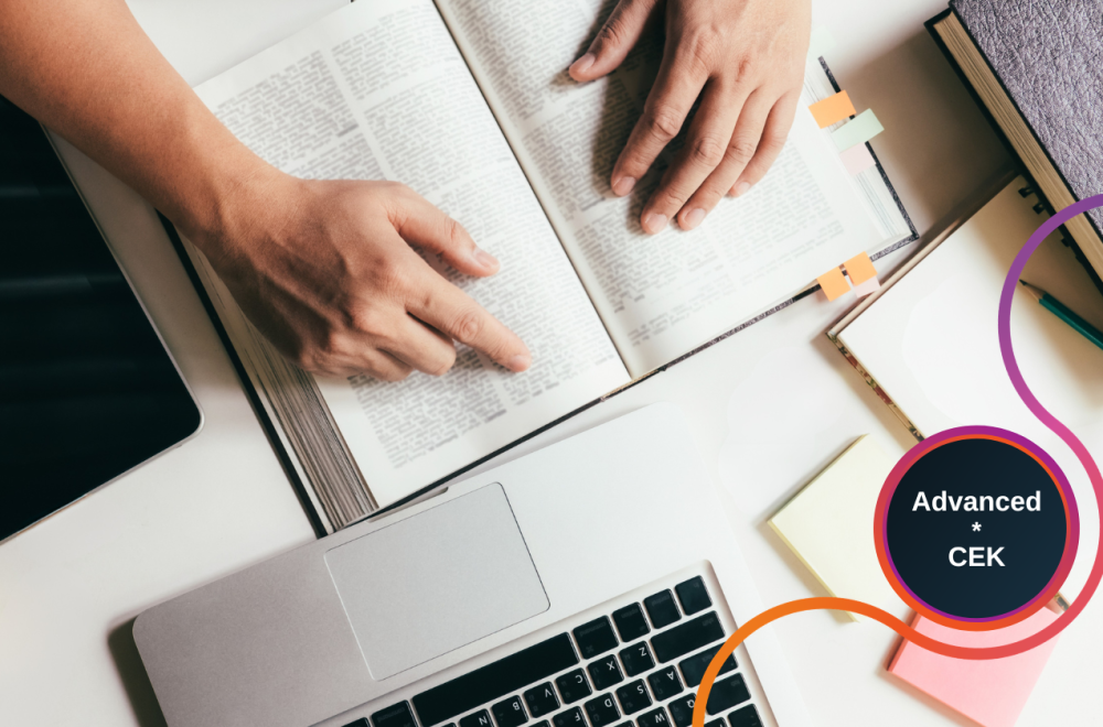 A student working with an open book, notes, and a laptop while preparing a written assignment. The visual promotes the online session “APA and Referencing Tools” as part of the Advanced*CEK training module.