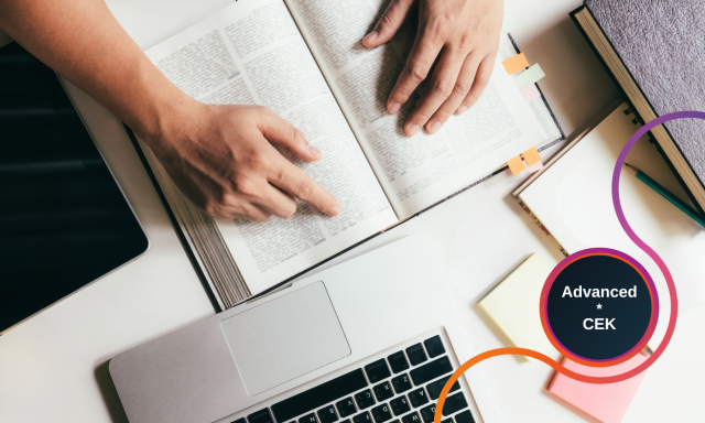 A student working with an open book, notes, and a laptop while preparing a written assignment. The visual promotes the online session “APA and Referencing Tools” as part of the Advanced*CEK training module.
