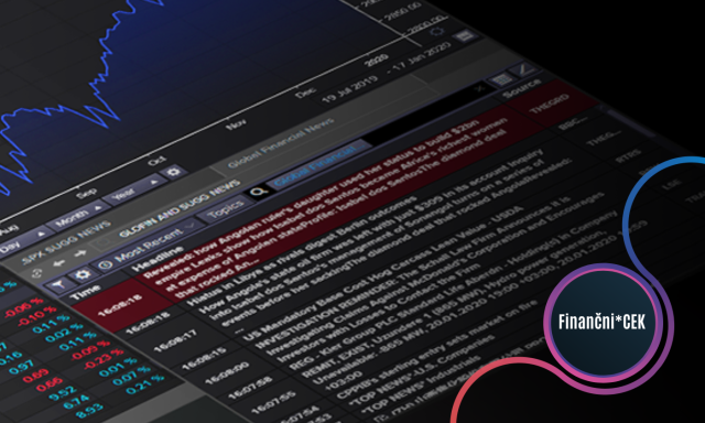 Prikaz finančne podatkovne zbirke z grafi in tržnimi podatki na zaslonu; vizual spremlja izobraževanje Knjižnice CEK v sklopu modula Finančni*CEK.