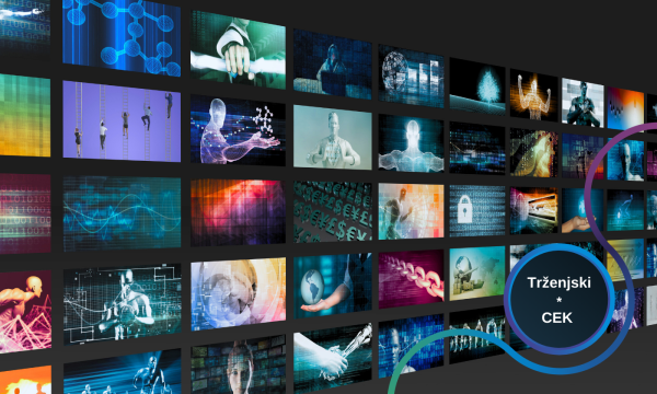 Prikaz številnih digitalnih vsebin na zaslonih, ki ponazarjajo različne vidike trženjskih in medijskih vsebin. Slika spremlja izobraževanje v sklopu modula Trženjski*CEK.