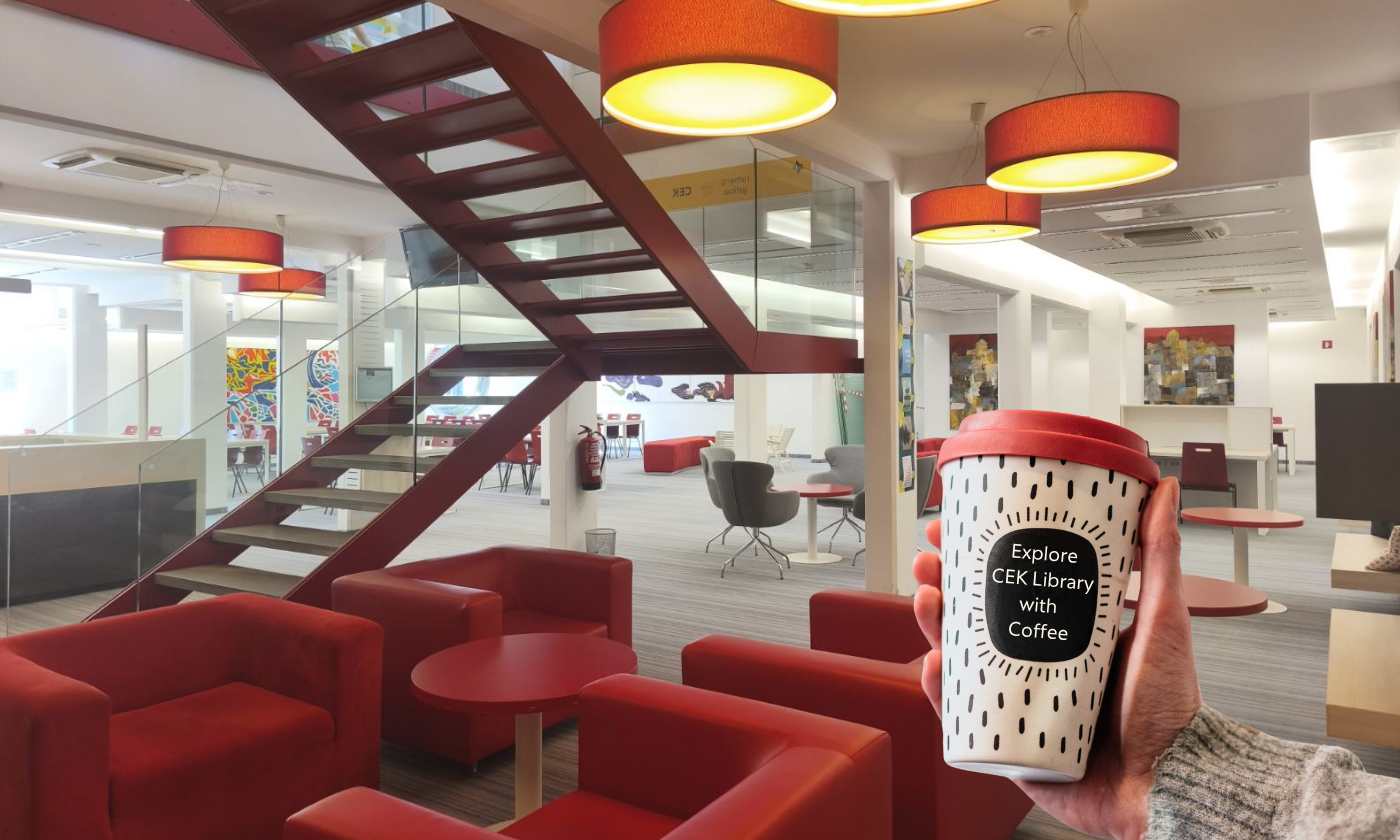View of Silver*CEK with red armchairs and study spaces in the background. In the foreground, a person is holding a coffee cup with the words »Explore CEK Library with Coffee«. 