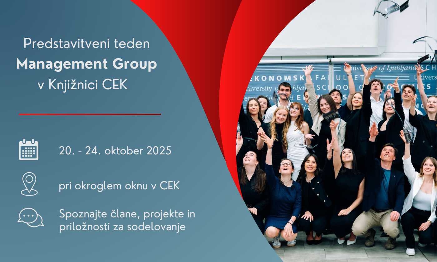 Promocijska slika za predstavitveni teden društva Management Group v Knjižnici CEK, ki poteka od 20. do 24. oktobra 2025. Na desni skupina mladih članov društva navdušeno dviguje roke v zrak.
