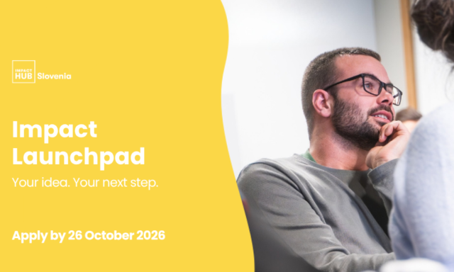 Promocijska grafika za Impact Launchpad z geslom »Tvoja naslednja velika ideja« in dinamičnim dizajnom.
