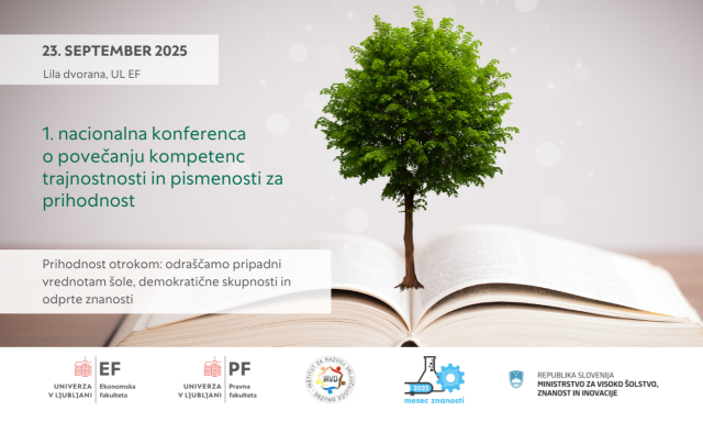 Konferenčni plakat s podatki o dogodku vključno z dnevom, lokacijo in naslovom, v ozadju odprta knjiga iz katere gleda drevo.