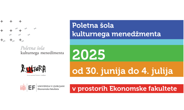 Grafika poletne šole kulturnega menedžmenta s krepko, umetniško tipografijo.