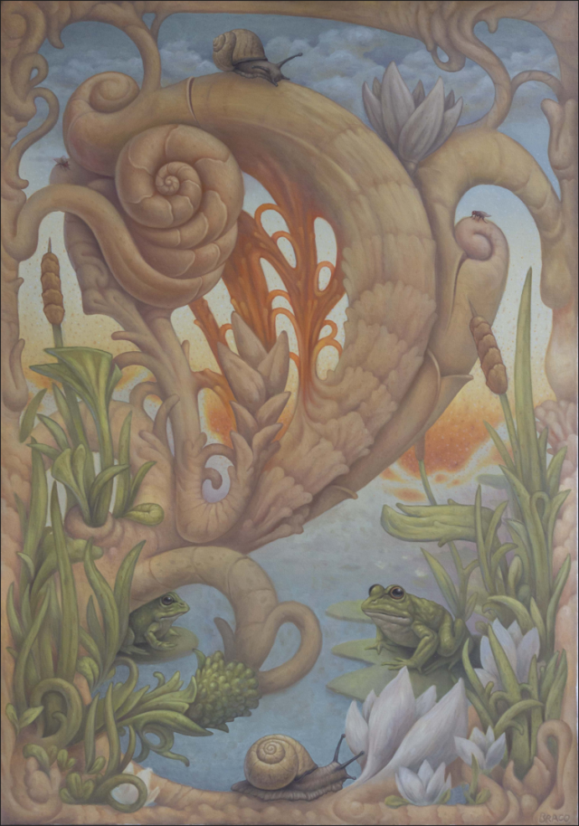 Abstraktna slika, na kateri so prikazane različne oblike, vidne pa so tudi živali. 