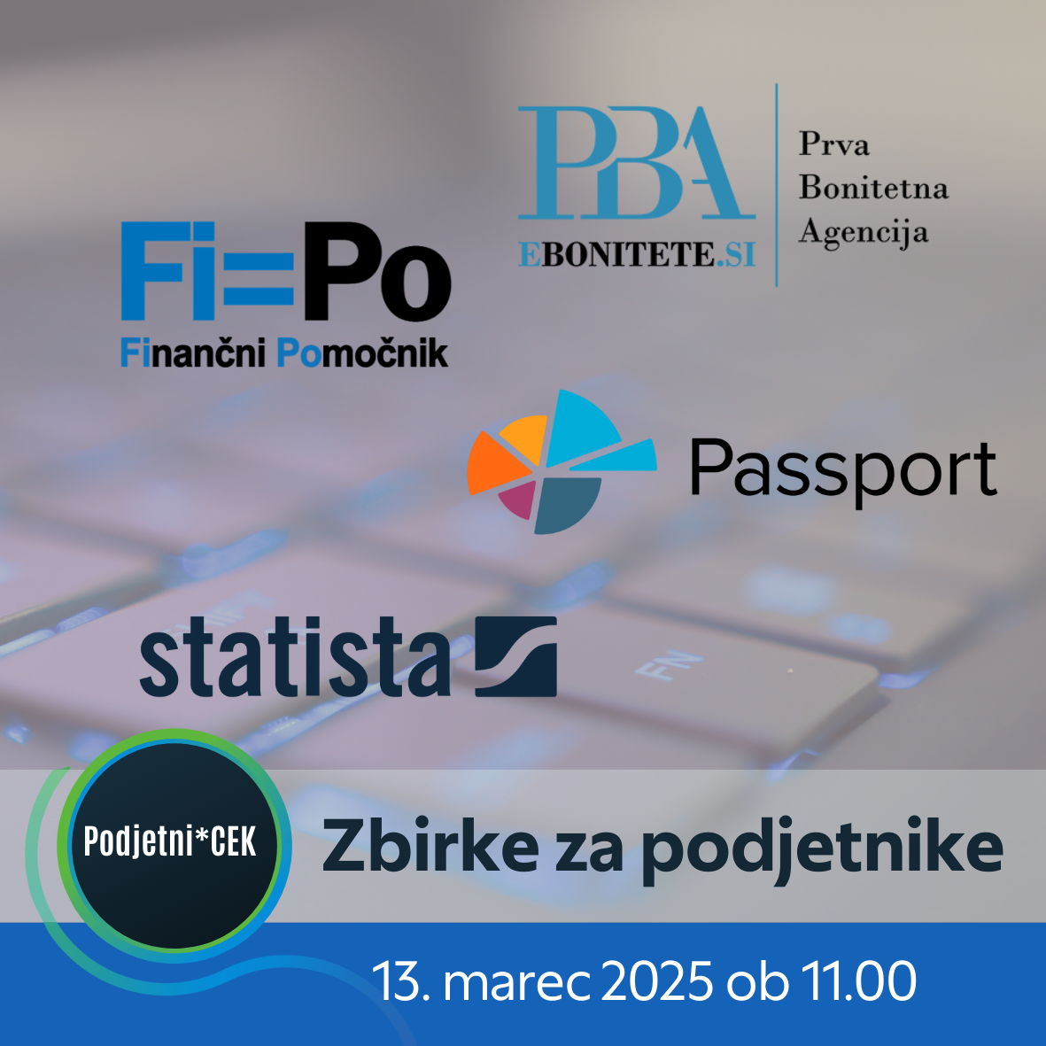 Zbirke za podjetnike - vidni so logotipi ponudnikov zbirk podatkov: FI=PO, Ebonitete, Passport, Statista. V levem kotu je izsek znaka Izobraževanj*CEK - Podjetni*CEK