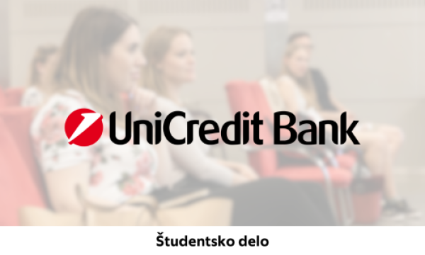 Naslovnica z napisoma ''UniCredit Bank“ in „Študentsko delo“ z zamegljenimi ljudmi v ozadju.