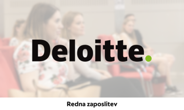 Naslovnica z napisoma „Deloitte“ in „Redna zaposlitev“ z zamegljenimi ljudmi v ozadju.
