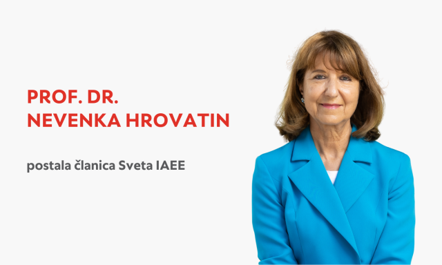 Ženska v svetlo modrem suknjiču se nežno smeji. Besedilo na levi strani se glasi »Prof. Dr. Nevenka Hrovatin« in »postala članica Sveta IAEE« v rdeči in sivi barvi.