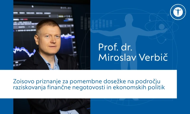 Portret prof. dr. Miroslava Verbiča, na modri podlagi z logotipom zoisovih nagrad.