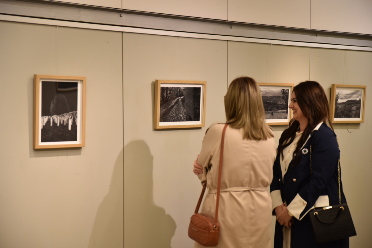 Dve ženski si v galeriji ogledujeta črno-bele fotografije pokrajine. Ena nosi plašč, druga modri plašč, obe se smejita. Ozračje je toplo in prijetno.