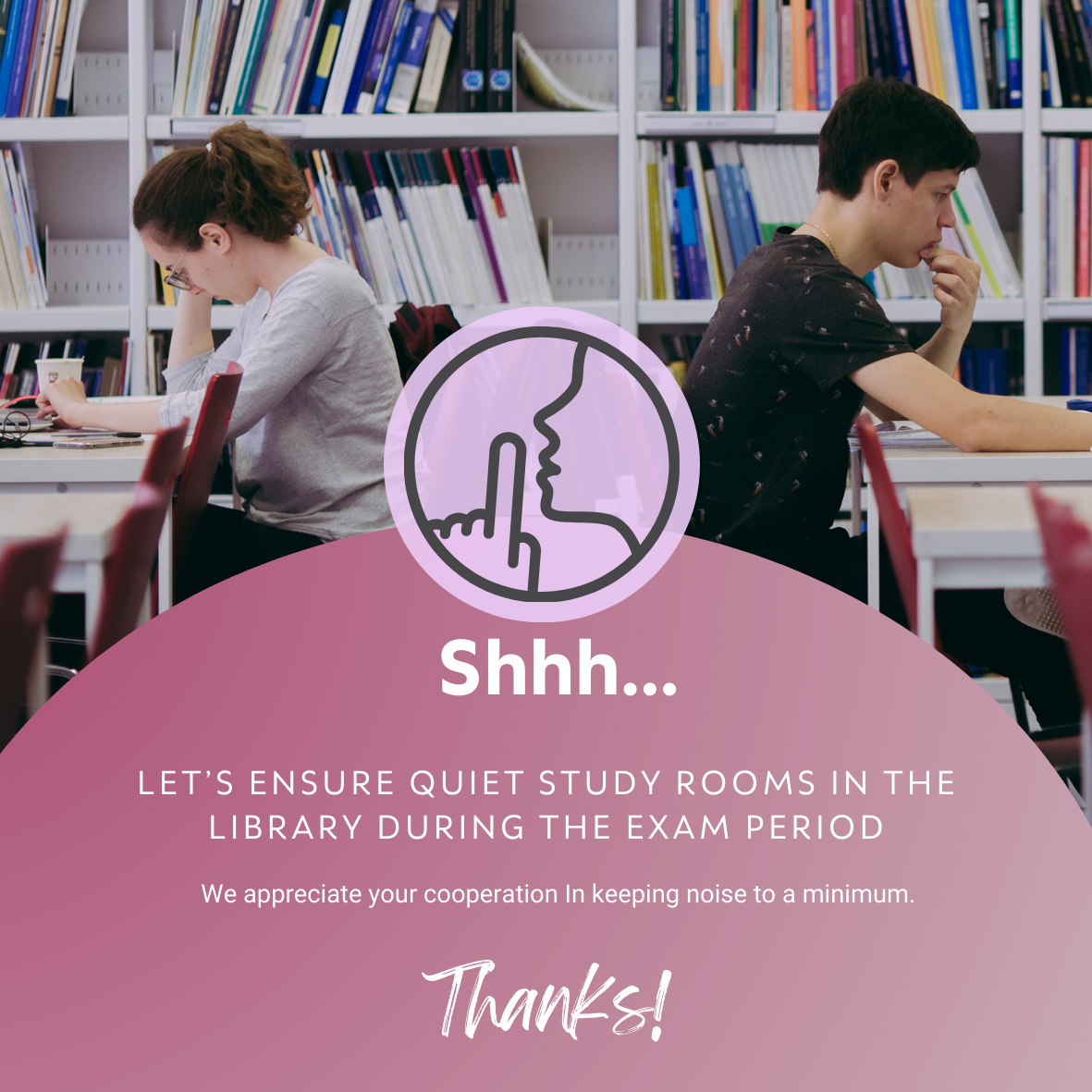 Picture of a male and female student studying in the library, silence sign