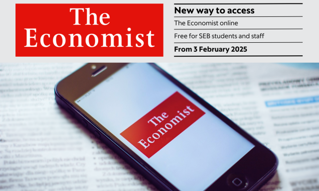 A new way to access online content from The Economist: in the background, an open newspaper with a mobile phone placed on it, displaying The Economist magazine.