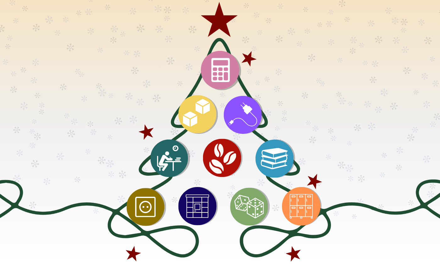 A Christmas tree with icons representing CEK Library services, symbolising a user-centred library.