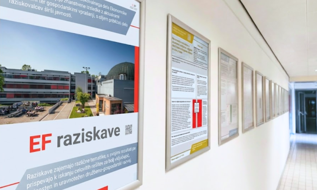 Razstava EF raziskave na hodniku Ekonomske fakultete z nizom plakatov, ki predstavljajo raziskovalno delo in ugotovitve raziskovalk in raziskovalcev UL EF. 