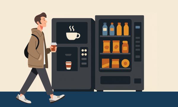 Ilustracija študenta, ki se sprehaja mimo kavomata in avtomata za pijačo ter prigrizke v Modri CEK.