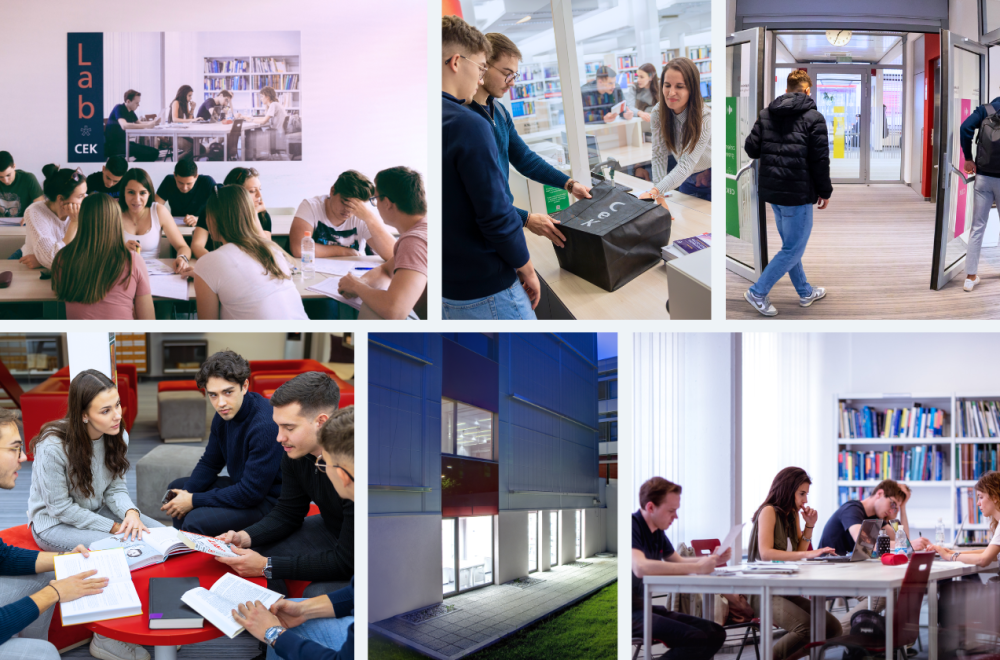 Photos from the CEK Library at the School of Economics and Business: students working and studying in groups, borrowing materials, entering the library, studying in smaller groups, and the library building at night.