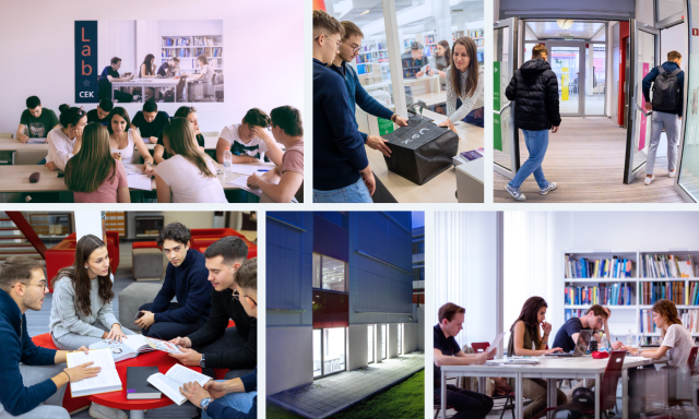 Photos from the CEK Library at the School of Economics and Business: students working and studying in groups, borrowing materials, entering the library, studying in smaller groups, and the library building at night.