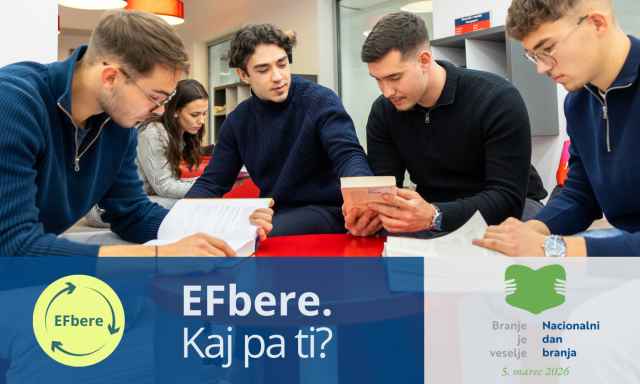 ALT: Študenti sedijo skupaj in berejo knjige v Knjižnici CEK. Slika promovira bralni klub EFbere in Nacionalni dan branja (5. marec 2026) z geslom »EFbere. Kaj pa ti?«.