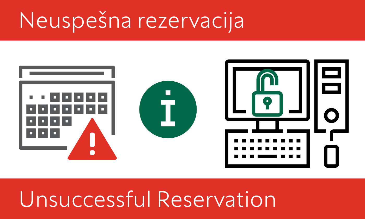 Neuspešna rezervacija računalnika: grafika z x znakom na levi, znakom za informacije na sredini ter zeleno odprto ključavnico na desni