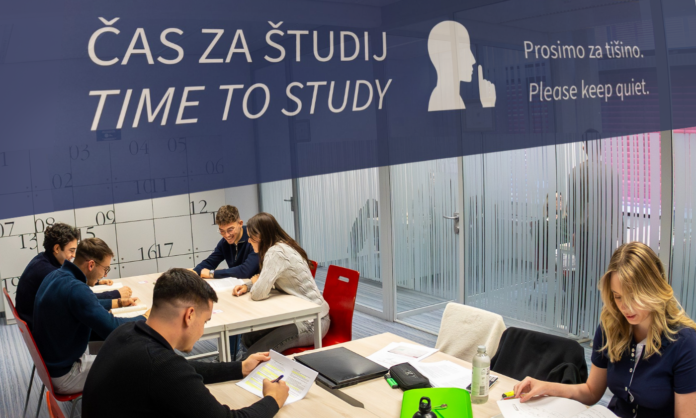 Students studying in a CEK Library reading room in a quiet environment, preparing for exams; above them is a “Time to study” sign and a notice requesting silence.