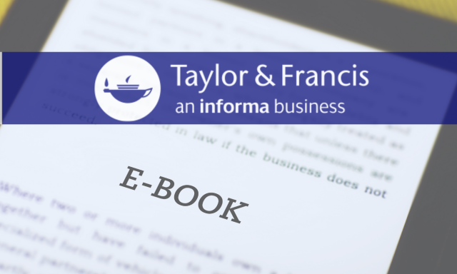 Logotip založbe Taylor & Francis, v ozadju bralnik s tekstom in napisom E-book