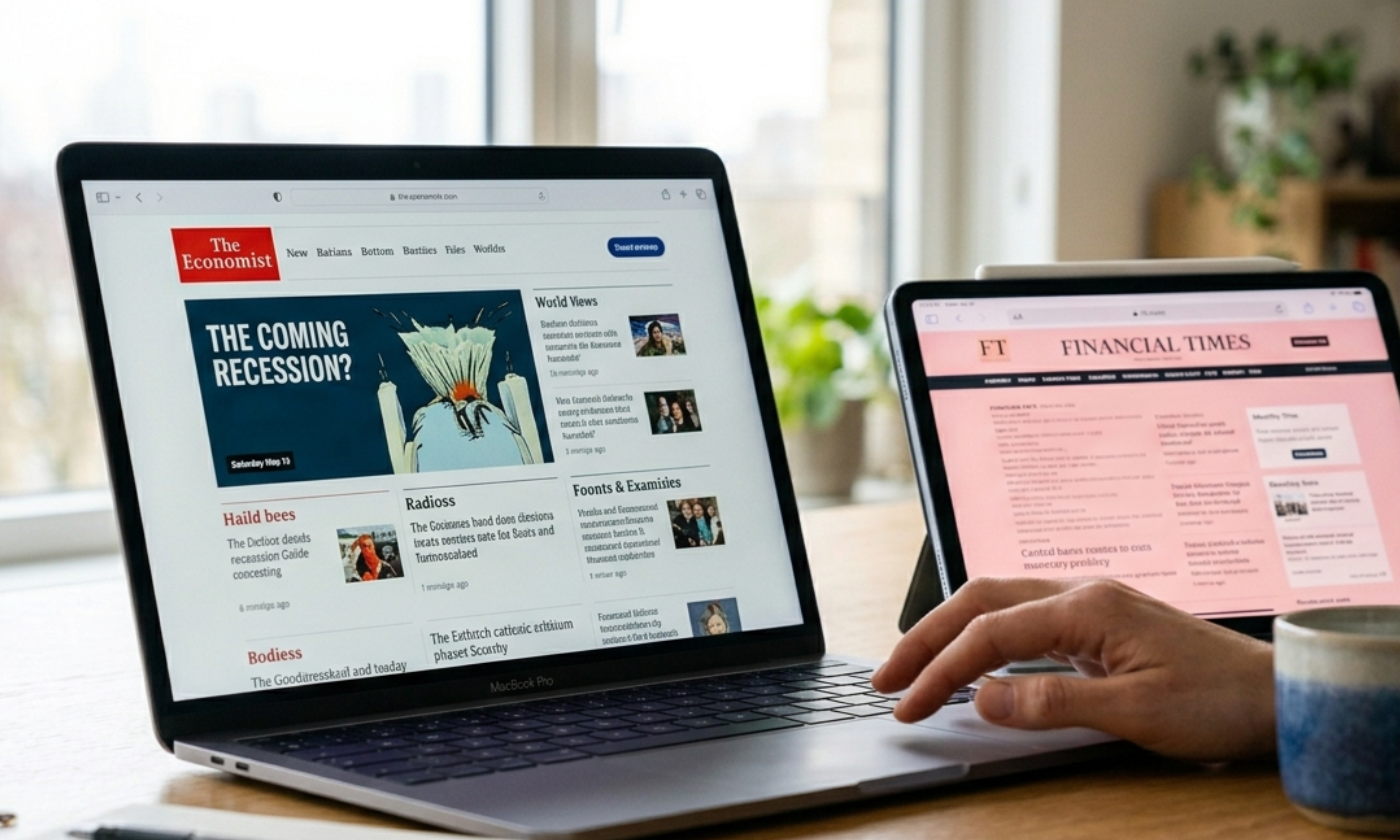 Prenosnik in tablica z odprtima spletnima stranema revij The Economist in Financial Times; slika ponazarja dostop študentov UL SEB do e-revij Financial Times Premium in The Economist za študij ter spremljanje ekonomskih in finančnih vsebin.