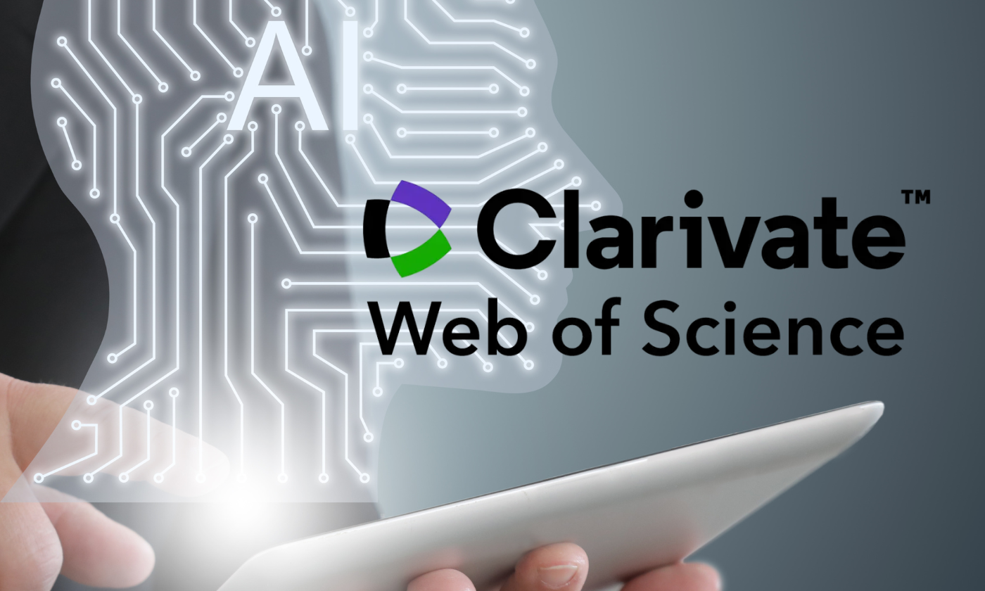 Digitalna ilustracija prikazuje profil človeške glave s stiliziranim vezjem in napisom »AI«, kar simbolizira umetno inteligenco. V ospredju je roka, ki drži tablični računalnik, čez glavo pa je logotip podjetja Clarivate in napis »Web of Science