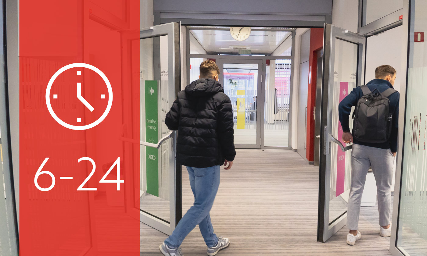 A person entering a room with a pink ribbon visible on the door. A person exiting a room with a green ribbon visible on the door. A clock symbol with the text "6-24