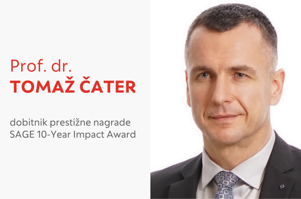 Poslovni portret profesor doktorja Tomaža Čatra s pripisom "dobitnik prestižne nagrade SAGE 10-Year Impact Award"