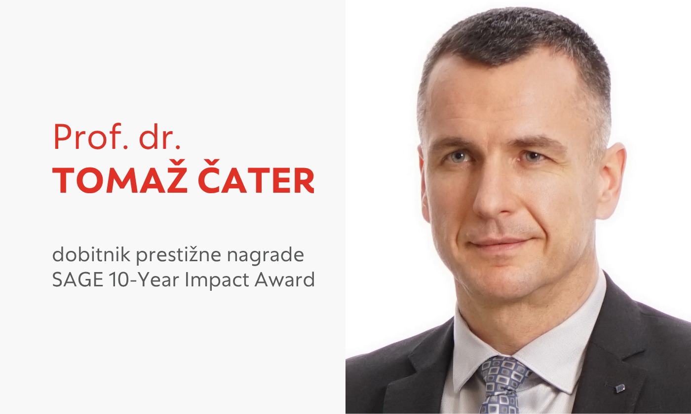 Poslovni portret profesor doktorja Tomaža Čatra s pripisom "dobitnik prestižne nagrade SAGE 10-Year Impact Award"