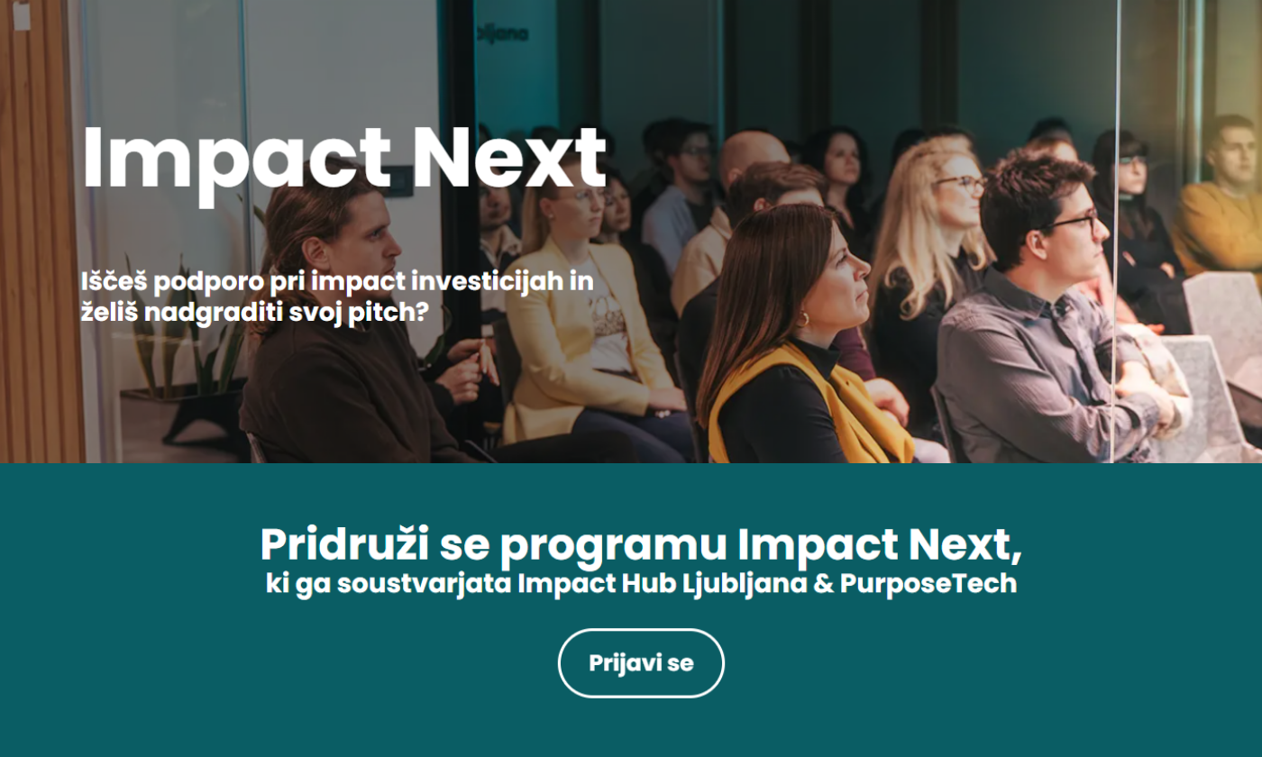 Spletna stran podjetja Impact Next, ki se ponaša z modernim videzom ter informacijami o pobudah in dogodkih.