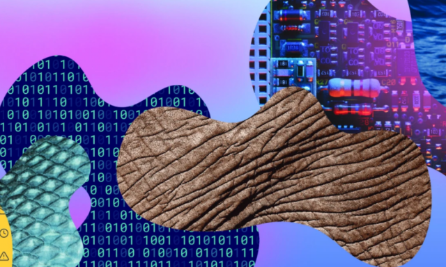 Živahna kolažna slika z različnimi barvnimi oblikami in vzorci, umetniško razporejenimi.