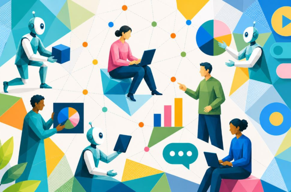 People using laptops and tablets in a vibrant, abstract design, showcasing a modern workspace environment