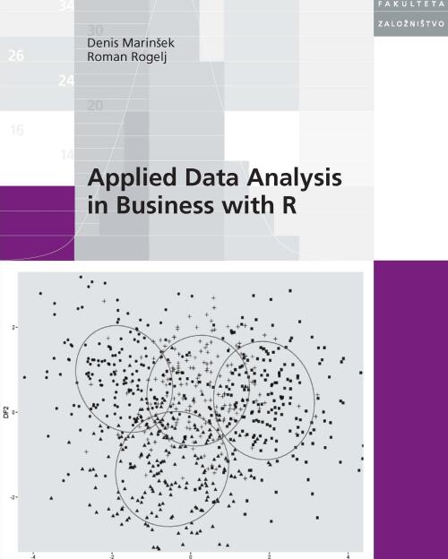 Naslovnica knjige Applied Data Analysis in Business with R z grafičnim prikazom podatkovnih točk in skupin v sivih in vijoličnih tonih.